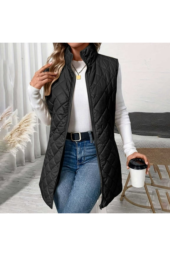 Long Puffer Vest Women Winter Ultra Light Long Down Vest with Stand Collar Black Womens Vests Outerwear Sleeveless Jacket With Pockets