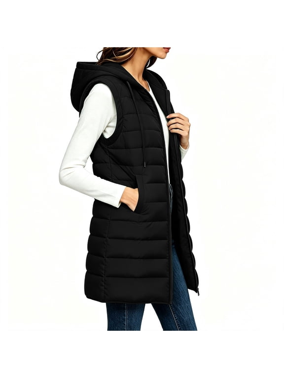 Long Puffer Vest Women with hood plus size Padded Coat Lightweight Sleeveless Full Zip Up Packable Down Vest with Pockets Quilted for Fall Winter,S-3XL