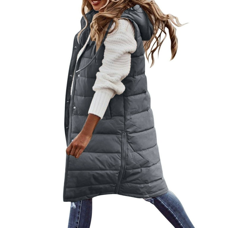 Long Puffer Vest Women with Hood Zipper Sleeveless Jacket Down
