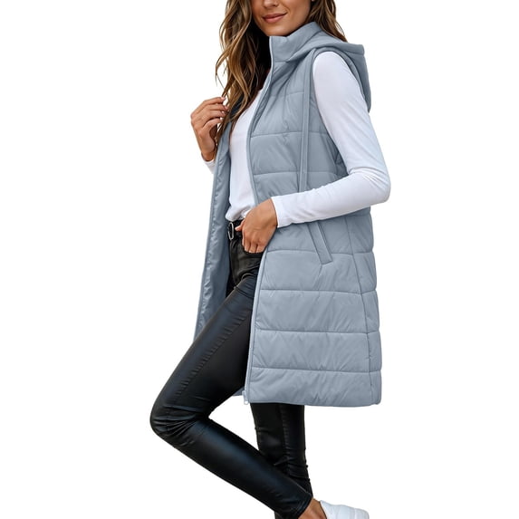 Long Puffer Vest for Women Hooded Lightweight Sleeveless Jackets Casual Plus Size Zipper Winter Vest with Pockets