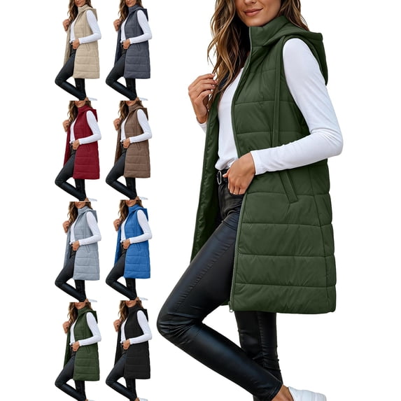 Long Puffer Vest for Women Hooded Puffer Jacket Sleeveless Quilted Jackets Fall Winter Warm Zip Up Coat Outerwear with Pockets
