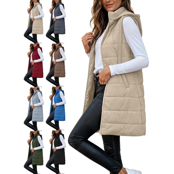 Long Puffer Vest for Women Hooded Puffer Jacket Sleeveless Quilted Jackets Fall Winter Warm Zip Up Coat Outerwear with Pockets