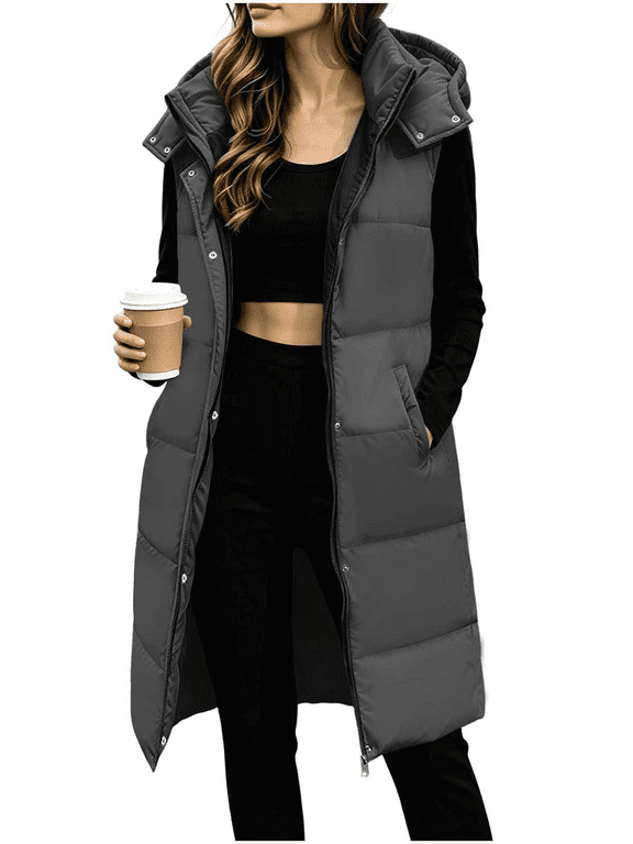 Long Puffer Vest for Women Sleeveless High Neck Button Zip Puffer Outerwear Vest with Hood Windproof Warm Quilted Jackets,Sizes S-2XL