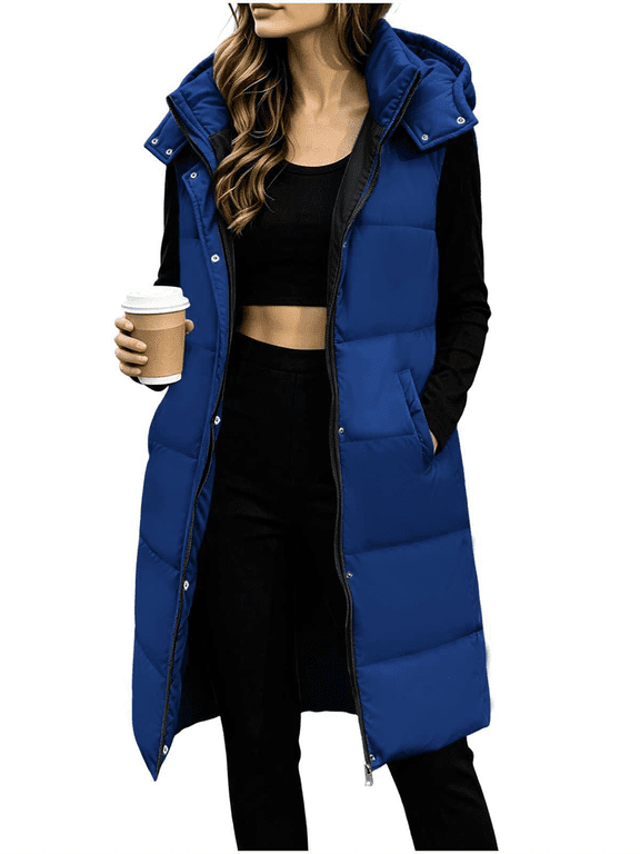 Long Puffer Vest for Women Sleeveless High Neck Button Zip Puffer Outerwear Vest with Hood Windproof Warm Quilted Jackets,Sizes S-2XL