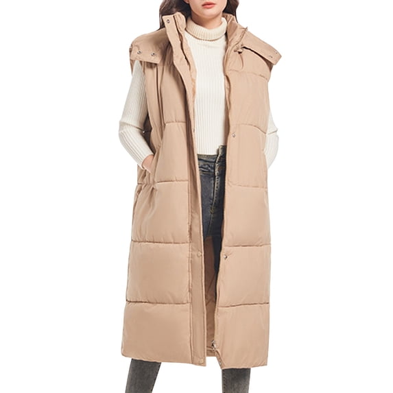 Long Puffer Vest for Women Zip Up Winter Clothing Thick Quilted Jacket with Hood Khaki L