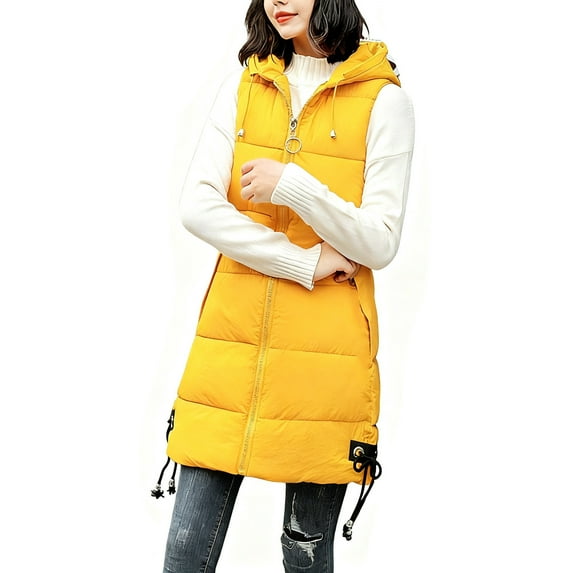 Long Puffer Vest for Women with Hood, Womens Sleeveless Hooded Puffy Full Zip Jacket Coat Fall Winter Outerwear (M, Yellow)