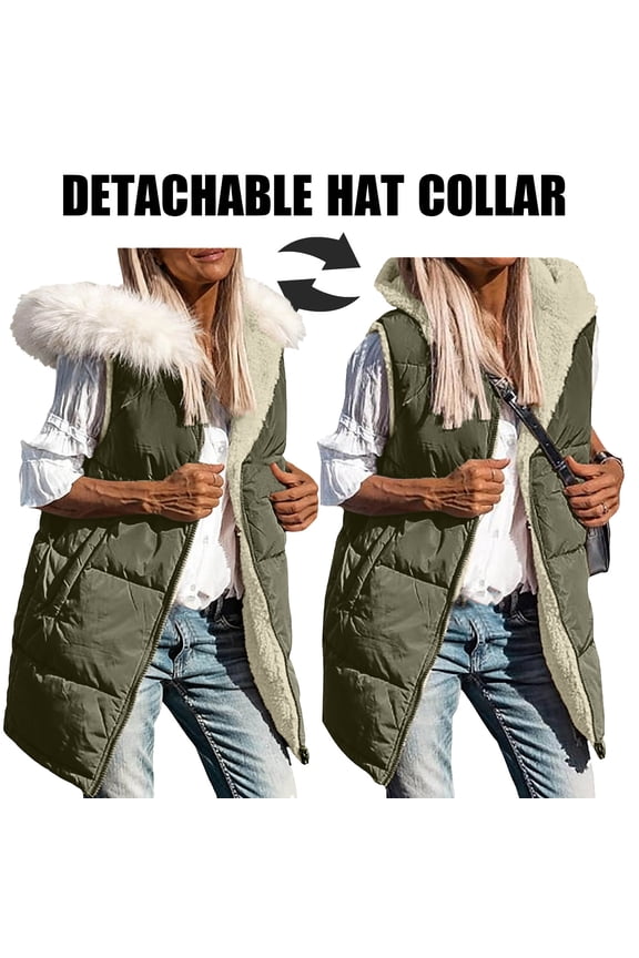Long Puffer Vests for Women Outerwear Fleece Fall Winter Warm Sleeveless Zip up Detachable Hat Collar Coat with Pockets New Army Green S