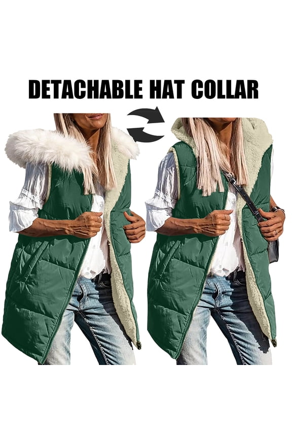 Long Puffer Vests for Women Outerwear Fleece Fall Winter Warm Sleeveless Zip up Detachable Hat Collar Coat with Pockets New Green S