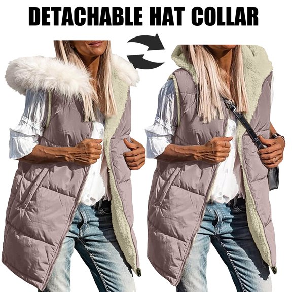 Long Puffer Vests for Women Outerwear Fleece Fall Winter Warm Sleeveless Zip up Detachable Hat Collar Coat with Pockets New Purple 4XL