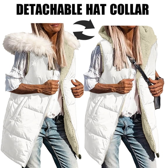 Long Puffer Vests for Women Outerwear Fleece Fall Winter Warm Sleeveless Zip up Detachable Hat Collar Coat with Pockets New White XL