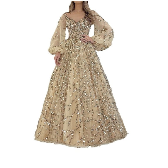 Long Puffy Sleeve Prom Dress Tulle Ball Gown for Women V Neck Puffy Formal Evening Party Gown for Women Princess Wedding Dress Formal Evening Gowns Gold XXL