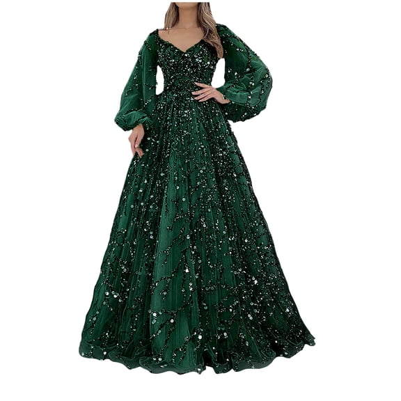 Long Puffy Sleeve Prom Dress Tulle Ball Gown for Women V Neck Puffy Formal Evening Party Gown for Women Princess Wedding Dress Formal Evening Gowns Green S