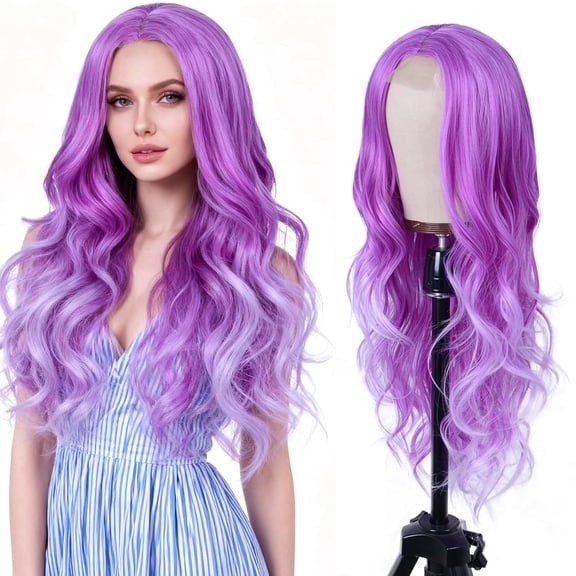 Long Purple Wavy Wig for Women 26inch Lavender Purple Wavy Wigs Natural Curly Synthetic Heat Resistant wigs for Girls Halloween Cosplay Daily Party Use,Purple One piece