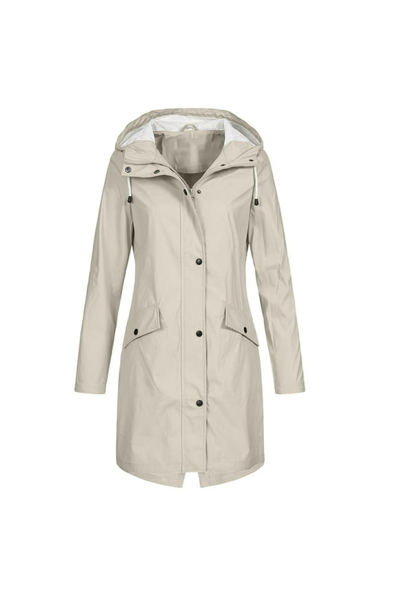 Long Rain Jacket Women Waterproof Lightweight Raincoat Hooded Windbreaker Outdoor Trench Coats with Pockets Light Hooded Jackets Beige S