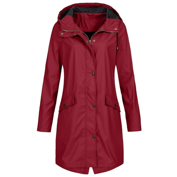 Long Rain Jacket Women Waterproof Lightweight Raincoat Hooded Windbreaker Outdoor Trench Coats with Pockets Winter Coat for Women Water Proof Wine S