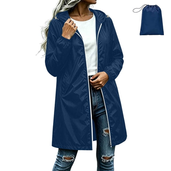 Long Rain Jacket Women Waterproof with Hood Lightweight Packable Zip Up Raincoats Outdoor Travel Hiking Windbreaker