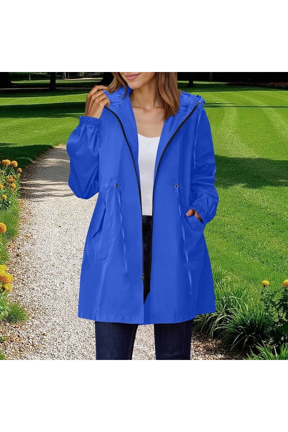 Long Raincoat Women Waterproof Windbreaker Mid Length Hooded Rain Jacket Trench Coats Outdoor Travel Jackets with Pockets Blue M