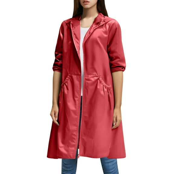Long Raincoat for Women, Yigetop Women's Long Coat Outdoor Lightweight Windproof Jacket Womens Long Raincoat Brick Red L