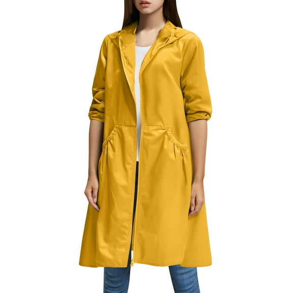 Long Raincoat for Women, Yigetop Women's Long Coat Outdoor Lightweight Windproof Jacket Womens Long Raincoat Yellow M