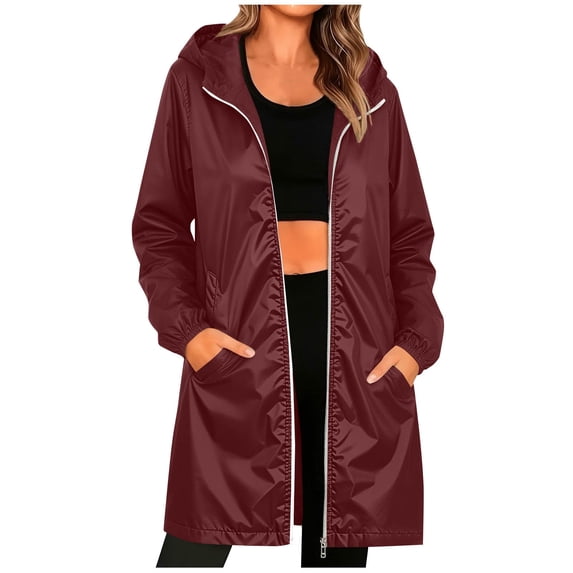 Long Raincoat for Women with Pockets Casual Zipper Hooded Lightweight Rain Jacket Windbreaker Outdoor Hiking Travel Thin Rain Coats Wine S