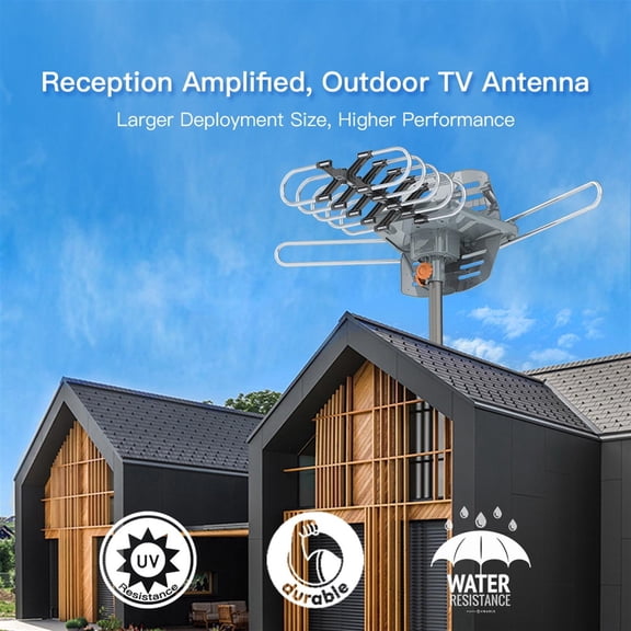Long Range Outdoor TV Antenna 150 Mile Range 360 Degree Rotation VHF UHF Dual Band High Gain 28 36dB Digital HD Antenna with 10M Coaxial Cable for Free Over the Air Channels HDTV Reception