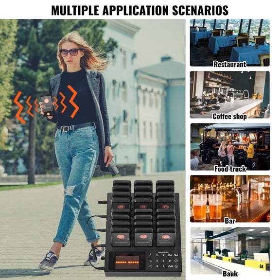 Long Range Wireless Pager System with 24 Buzzers, Vibration&Flash Alerts for Restaurants, Food Trucks, and Retail Queue Management