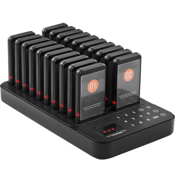 Long Range Wireless Restaurant Pagers with Vibration Alerts, 400m Range Buzzer System for Food Trucks, Cafes, and Queue Management - 20 Pager Set