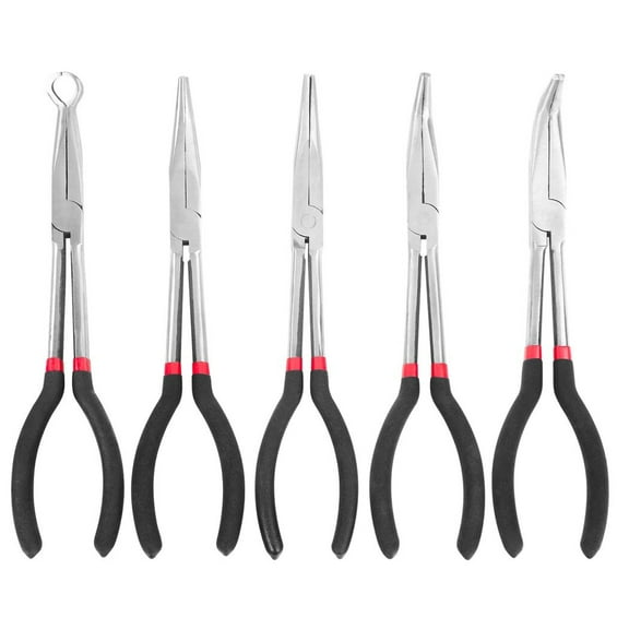 Long Reach Needle Nose Pliers, 5PCS 11" Long Needle Nose Pliers Hose Grippers Set with Pouch, Includes Straight Angle, 25, 45, 90 Degree, O-Typed Long Reach Pliers for Narrow Spaces