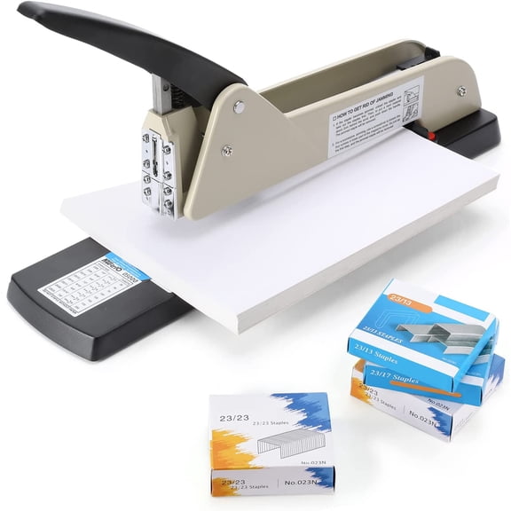 Long Reach Stapler, Heavy Duty Arm 200 Sheets Capacity, 4000 Staples Gift, 9.84 Adjustable Stapling Depth Suitable for Booklets & Office Document, Fixable Paper Guide