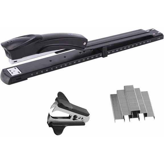 Long Reach Stapler,with 2000 Staples & Stapler Remover Full Strip20-25 Sheet Capacity,with Built-in Ruler and Adjustable Locking Paper Guide, Gray
