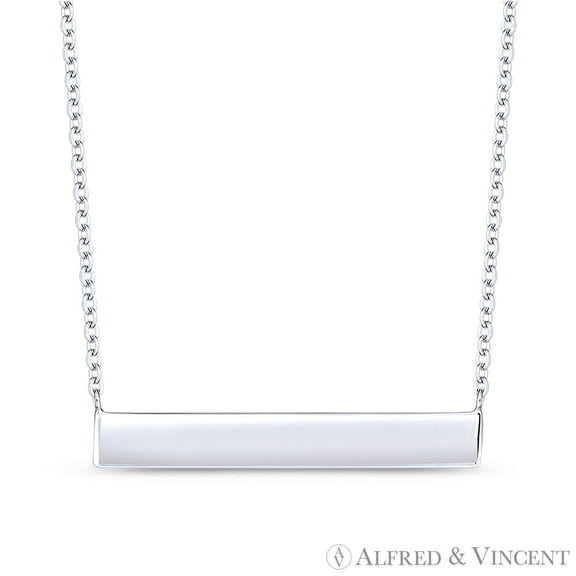 Long-Rectangle Bar ID Pendant & Cable Chain Necklace in .925 Sterling Silver w/ Rhodium