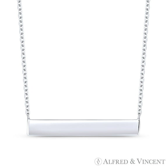 Long-Rectangle Bar ID Pendant & Cable Chain Necklace in .925 Sterling Silver w/ Rhodium