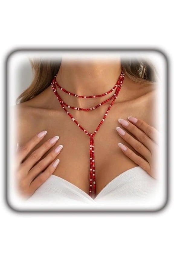 Long Red Mini Beaded Lariat Necklace for Women, Boho Adjustable Geometric Layered Wrap Y Choker Necklace Y2k Vintage Statement Jewelry Party Gifts