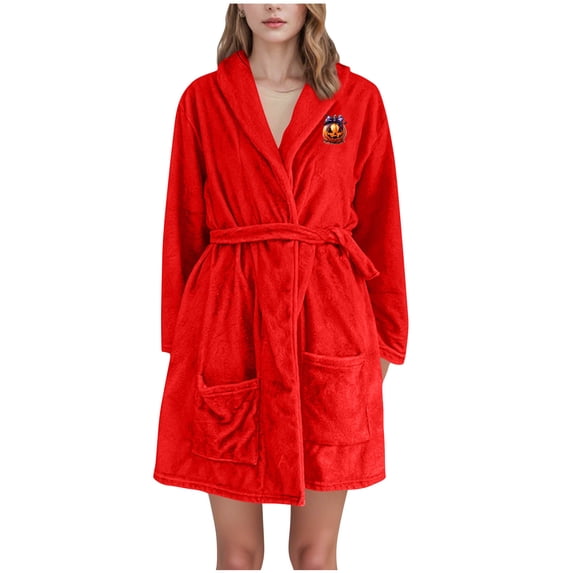 Long Robe for Women Halloween Flannel Fleece Full Length Bathrobe Winter Warm Pajamas Shower Nightgown Red XL