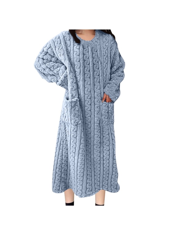 Long Robes For Women Floor Length, Fluffy Fleece Warm Cozy Bathrobe Plush Luxury Plus Size Winter Housecoat Light Blue S