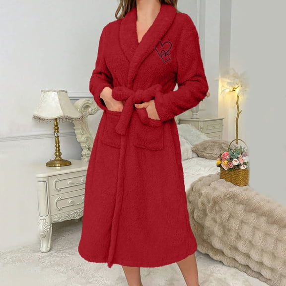 Long Robes for Women Fashionable Fleece Cute Embroidery Bathrobe Casual Solid Color Loose Sleepwear with Pockets New Red S