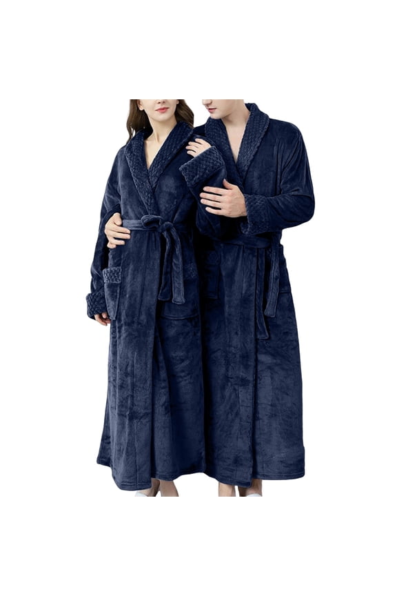 Long Robes for Women Mens Soft Plush Bath Robe Warm Bathrobes Comfy Full-length Nightgown Pajamas Sleepwear Housecoat Women Blue L
