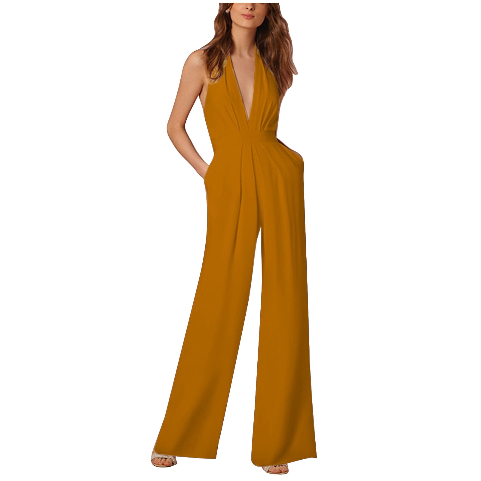 Long Romper Pants Women's Jumpsuits Backless Criss Cross Tie Back Deep