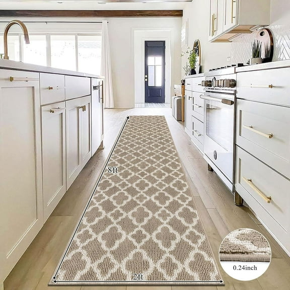 Long Runner Rug for Hallway 2×8feet Non Slip Kitchen Floor Carpet Runners Beige Geometric Pattern Machine Washable Area Rug for Entryway Bathroom