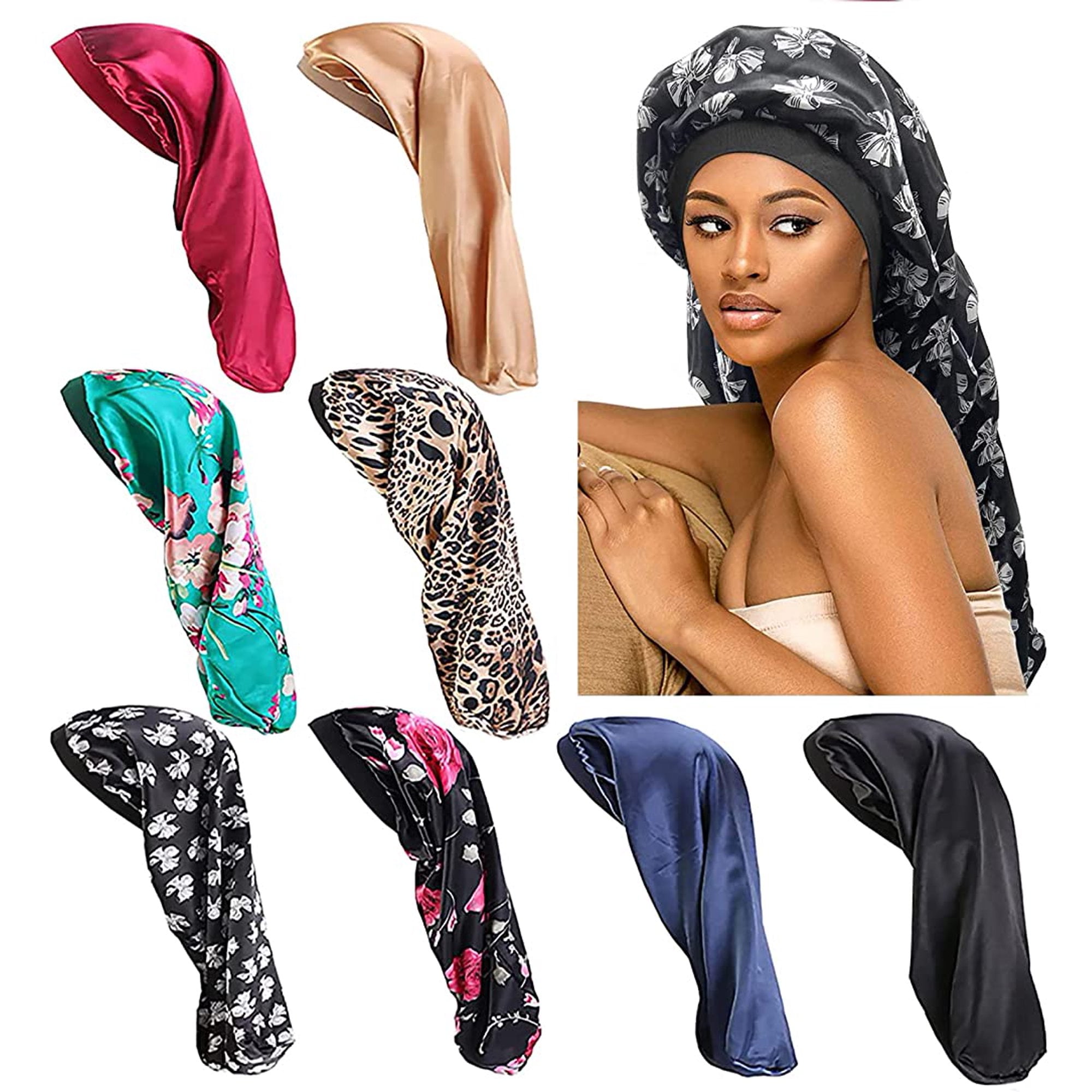 4 Pieces Extra Large Satin Sleep Cap for Long Hair,Long Dreadlock Night  Sleep Bonnet for Women