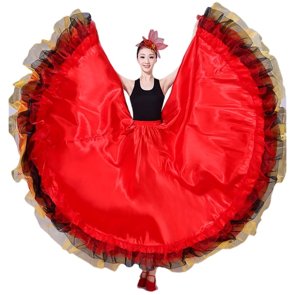 Long Satin Layered Ruffle Spanish Ballet Paso Doble Folk Dance Clothing Swing Circle Skirt