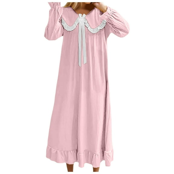 Long Satin Nightgowns With Long Sleeves For Women With Bow Lace Trim Wrist Neck Vintage Style For Knee Rest Home Sleepwea