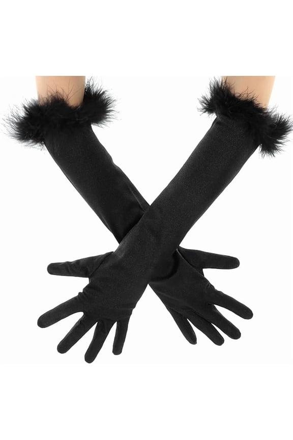 Long Satin Opera Glove,Gorgeous Feather Gloves,1920s style,Stretchy Elbow-Length Evening Glove, Long Black Gloves for Halloween, Wedding,Costume Parties & Pageants