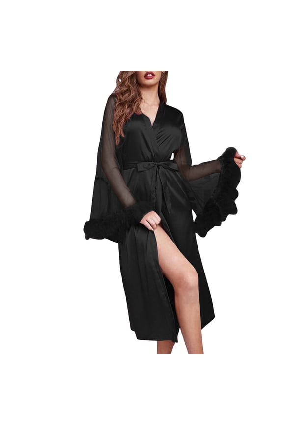Long Satin Silk Kimono Robes Womens Classic Feather Long Sleeve Bathrobe Soft Cozy Ladies Soft Lingerie Bride Gown Robe