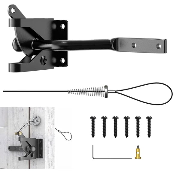 Long Self Locking Gate Gravity Latch, Carbon Steel Spring Loaded with Adjustable Gate Latch Cable Pull, for Metal Wooden Fences (Black Kit)