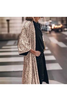 Long Sequin Jackets for Women Half Sleeve Glitter Open Front Cardigans Sparkly Jacket for Evening Party