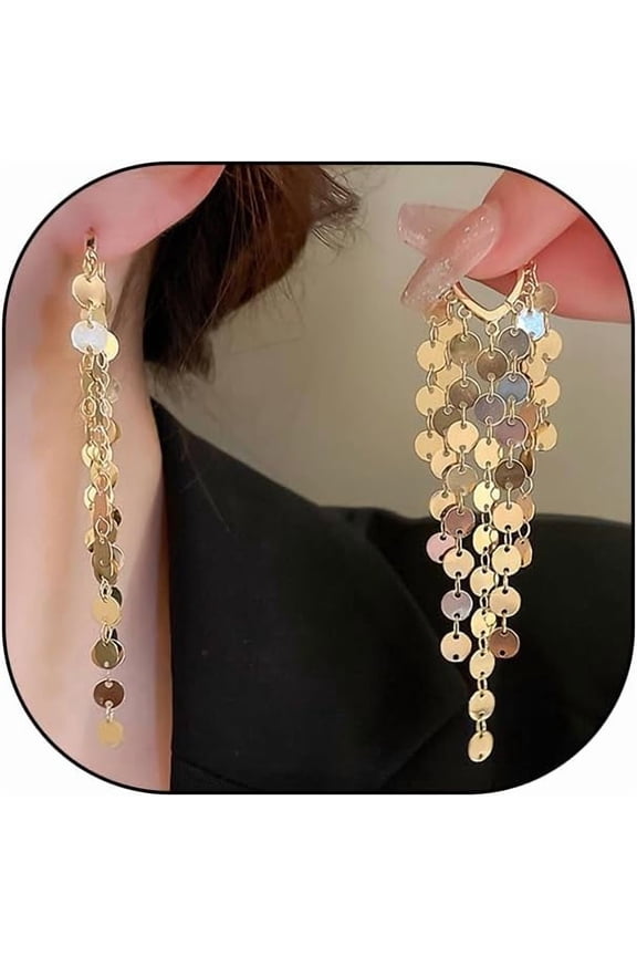 Long Sequin Tassel Statement Dangle Earrings for Women Boho Multilayer Gold Chandelier Hoop Earrings Shiny Multiple Sequin Drop Earrings Jewelry Gift[u1594]