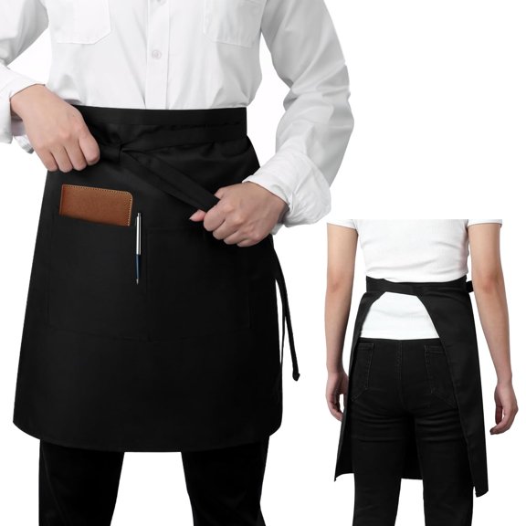 Long Server Apron with 2 Pockets, Extra Long Tie, Lightweight Half Aprons for Men Women Waiter Waitress Chef