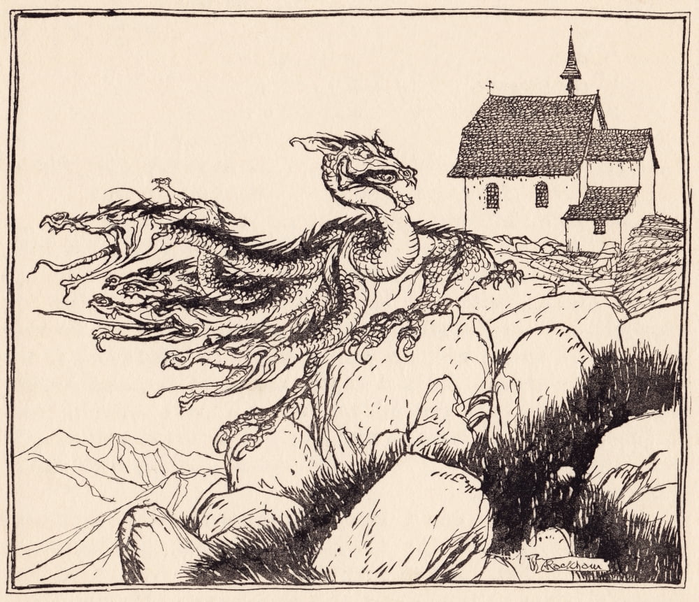 It Was Not Long Before The Seven Headed Dragon Came Loudly Roaring Illustration By Arthur Rackham From Grimms Fairy Tale The Two Brothers Canvas Art - Ken Welsh Design Pics (16 x 14)