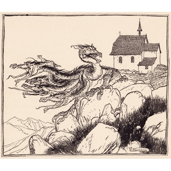 It Was Not Long Before The Seven Headed Dragon Came Loudly Roaring Illustration By Arthur Rackham From Grimms Fairy Tale The Two Brothers Canvas Art - Ken Welsh Design Pics (32 x 28)